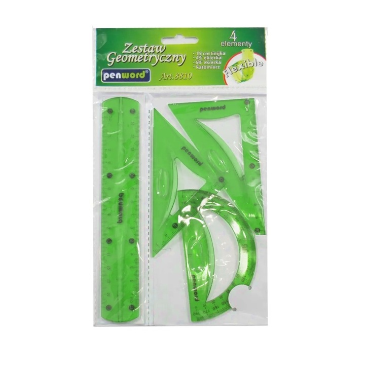 Set 4 instrumente geometrie, Penword, Plastic, Verde