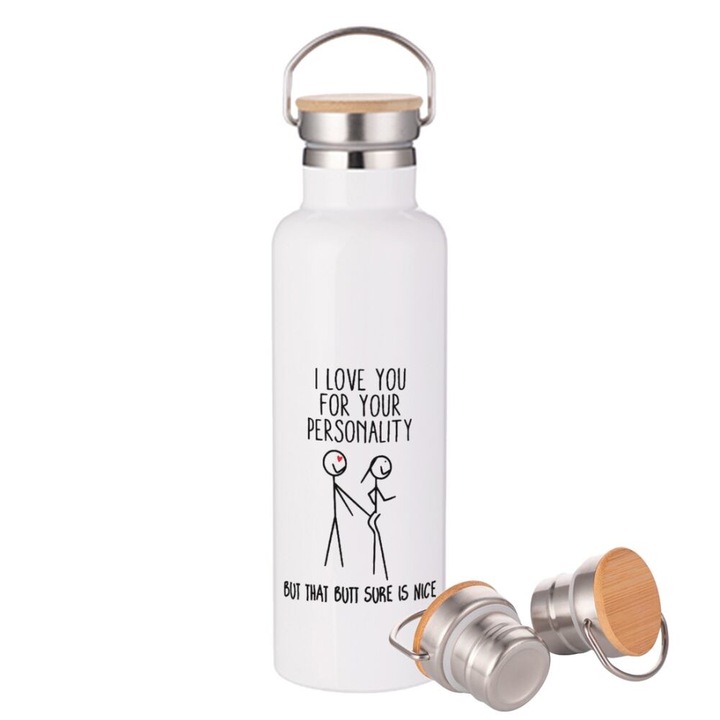 Termos din otel inoxidabil cu capac din bambu, dublu perete, etans, 750ml, alb