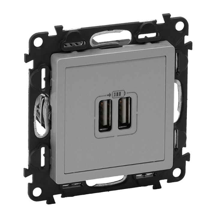 Двоен контакт за зареждане с USB, Legrand, Алуминий, 1500MA, Сив