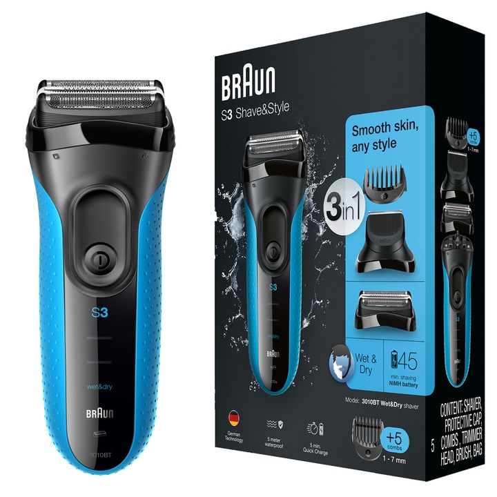 Braun 3010BT Proskin Shave&Style borotva, Wet&Dry 3in1, MicroComb, trimmer fej, 5 fésű, Fekete/Kék