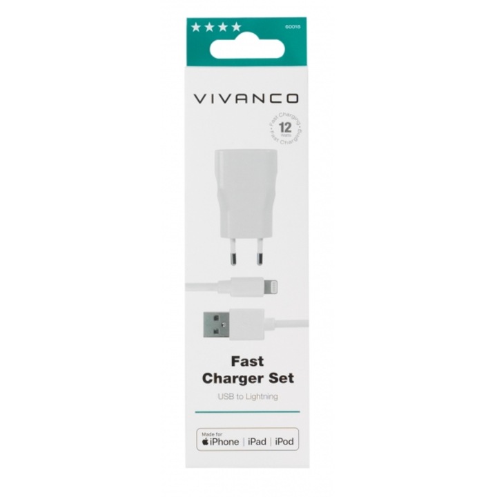 Incarcator cu cablu, Vivanco, MFI, 2.4A, Lightning, 1.2m, Alb