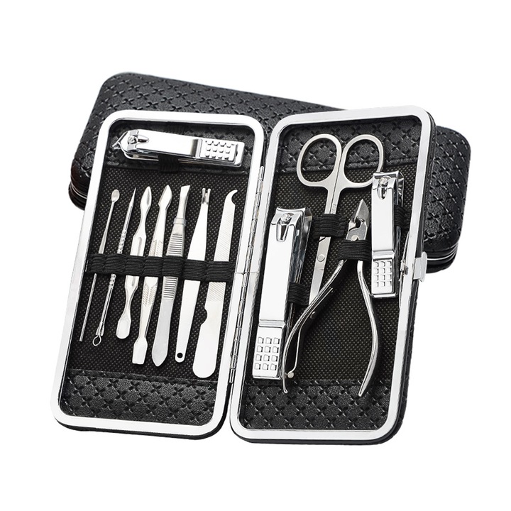 Manikűr készlet, Cozevdnt, Rozsdamentes acél, 12 db, Ezüst/Fekete