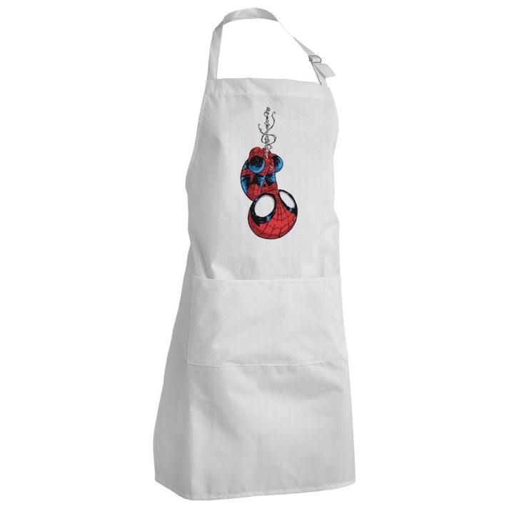 Sort de bucatarie pentru adulti, Spiderman, Buzunar frontal dublu, Impermeabil, Poliester, Alb
