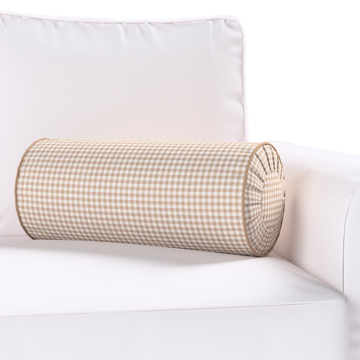 Възглавница с плисета, Dekoria, 20 x 50 см, Цилиндричен модел, Карирана, Бежова