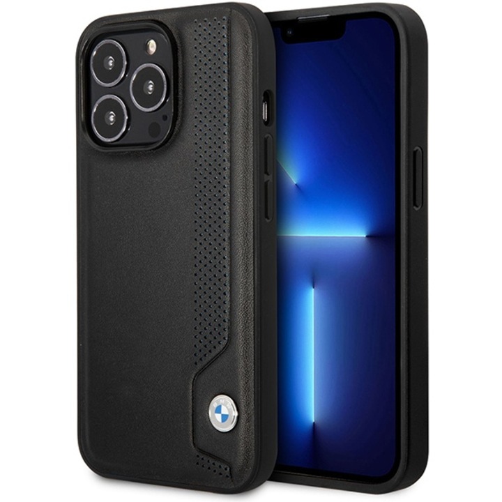BMW BMHCP14X22RBDK kemény tok iPhone 14 Pro Max 6.7" készülékhez Leather Blue Dots fekete