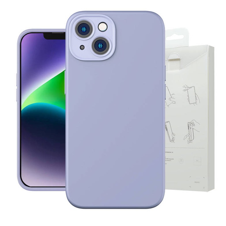 Kit protectie Baseus Liquid Silica Gel 3in1, Carcasa, Folie Ecran si Kit pentru curatare, compatibil cu iPhone 14 Plus, Lila