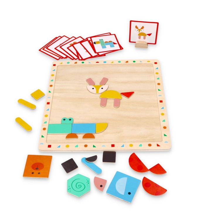 Puzzle magnetic cu forme, Lelin, lemn, 30 x 30 cm, multicolor