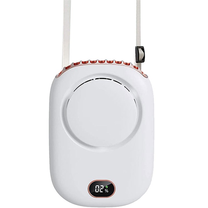 Mini ventilator portabil, YWX, cu clips curea si snur agatare gat, acumulator 2000 mAh, 3 trepte ventilatie, USB, Alb