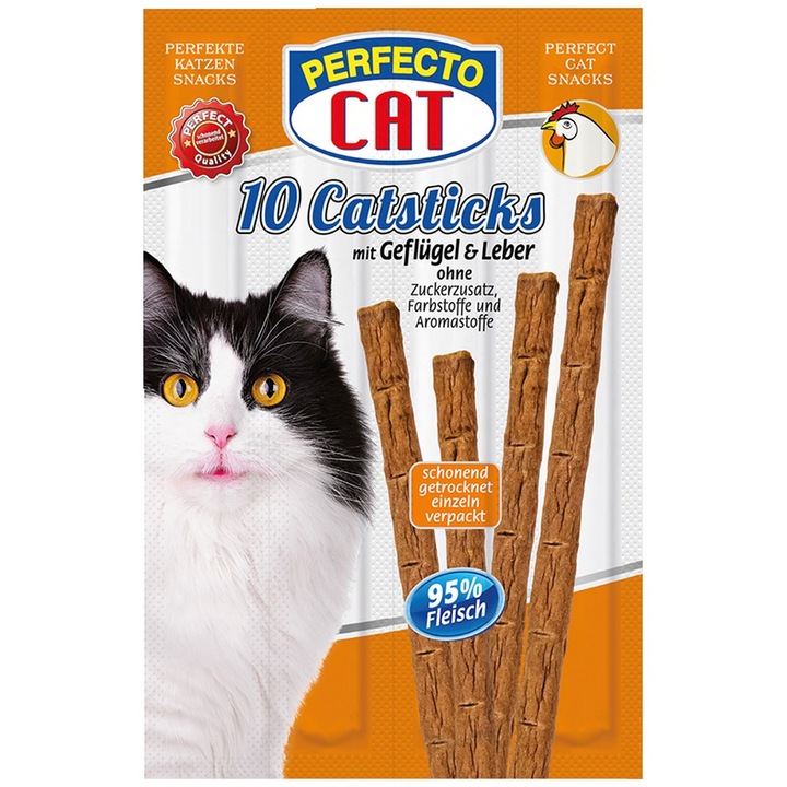 Recompensa pentru pisici Perfecto Cat, Betisoare cu Pasare si Ficat, 10 buc, 50 g