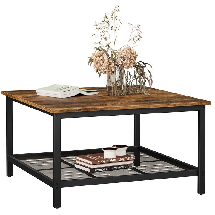 Masa De Cafea, Songmics, 80x80x45 cm, Otel/PAL, Negru/Maro