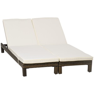 Set 2 sezlonguri, Outsunny, Ratan sintetic, Ajustabile, 196x60x22cm, Maro/Crem