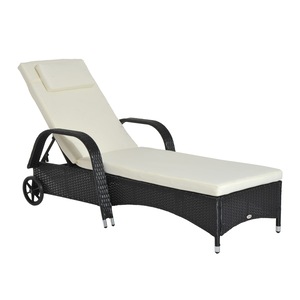 Sezlong de gradina, Outsunny, Ratan, Cu roti, Negru/Alb