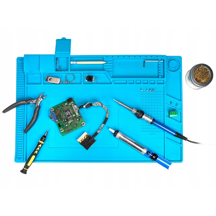 Covoras De Service Antistatic Termorezistent, S160, Greutate 600G, 450x300x14 mm, Albastru, Silicon De Calitate, Rezista La 500 Grade, Are 3 Compartimente Cu Magneti, Rigla 36Cm, Separator Cu 166 Celule Suruburi, Ideal Pentru Reparatii Telefoane