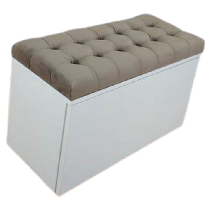 Pantofar tapitat RAMO, 70*32*47 cm, realizat din pal alb, tapiterie cappuccino, cu nasturi tip patrat