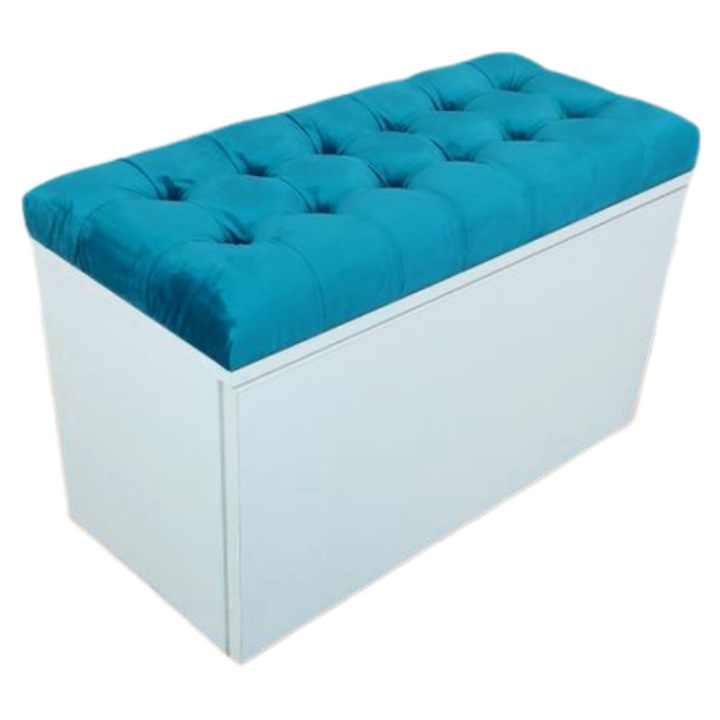 Pantofar tapitat RAMO, 70*32*47 cm, realizat din pal alb, tapiterie turcoaz, cu nasturi tip patrat