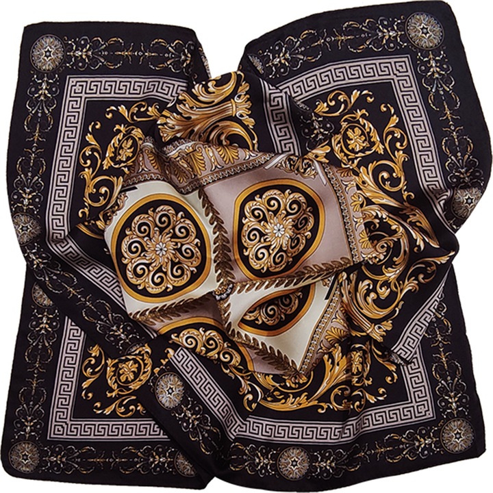 Esarfa Batic baroca de dama, cu desene si meandre, 70x70cm, negru