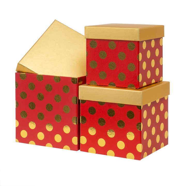 Set 3 cutii cu forma patrata cu buline si snur, B.S.P. / CD4956_R