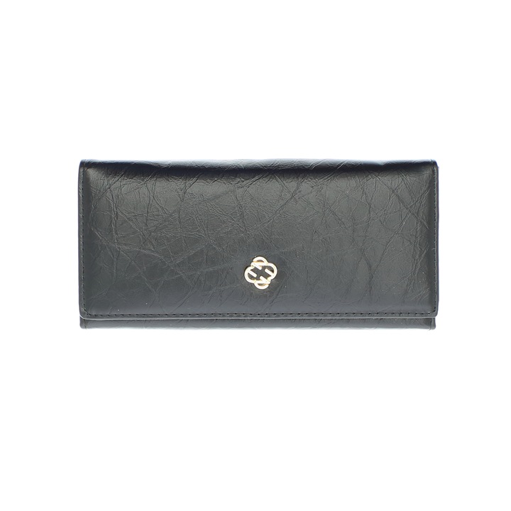 Portofel de dama, din piele ecologica, Buticcochet, cu capse si detalii aurii, 19x9x3 cm, Negru - PR843