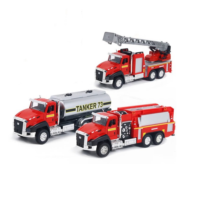 Set 3 camioane, MENZ®, model 3 autospeciale, 3 camioane diferite cu functii unice, pullback, usile se deschid, rosu