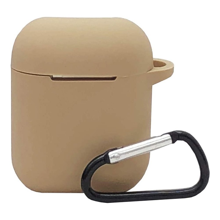 AirPods 1&2 PremiumCell kompatibilis szilikon védőburkolat, puha szilikonból, karabineres kulcstartóval, vezeték nélküli töltéssel, bézs