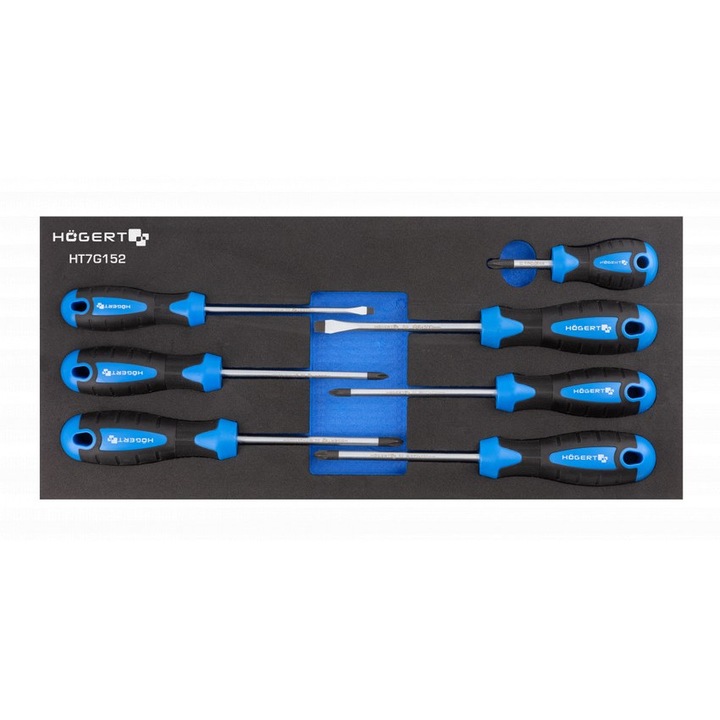 7 db csavarhúzó készlet, Hogert, acél, kék/fekete