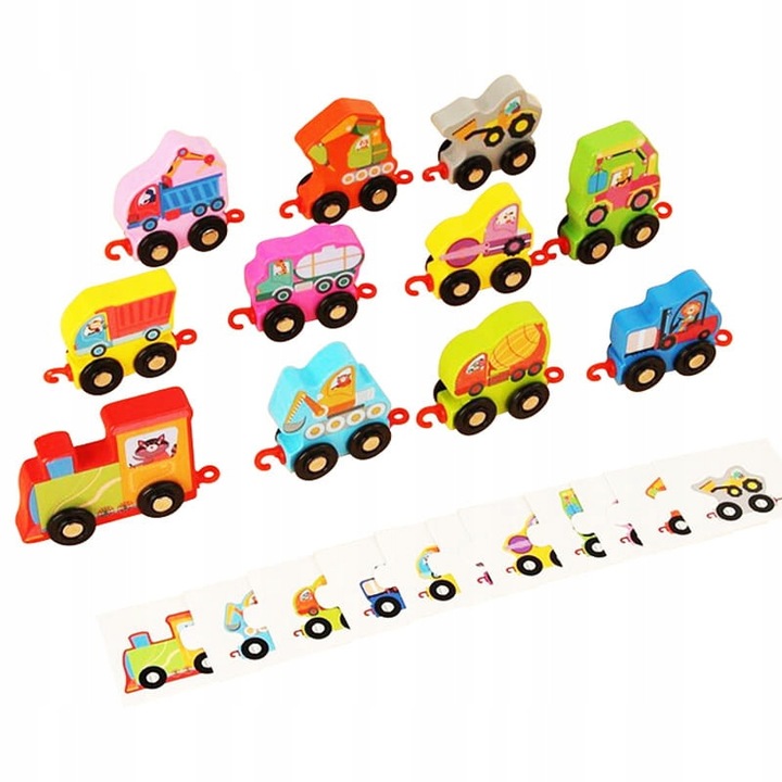 Set Trenulet Din Lemn, Masini De Constructii, Habarri, Material Lemn De Fag, Varsta Recomandata 3+, Nivel De Dificultate 2/7, Produs Certificat Ce, 22x5x14 cm, Multicolor, 11 Piese Din Lemn + 11 Piese De Puzzle