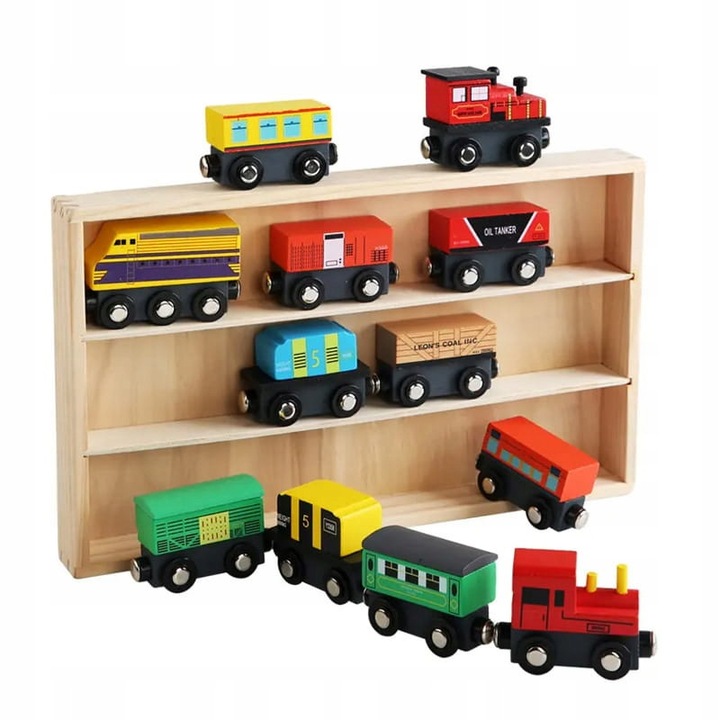 Set Trenulet Din Lemn Pentru Pasageri Si Marfa, Habarri, Tren Clasic Din Lemn, Vagoane Cu Roti, Conectate Prin Magnet, Material Lemn De Fag, Varsta Recomandata 3+, 6.7x3.1x3.9 5.3 cm, Multicolor, 12 Buc