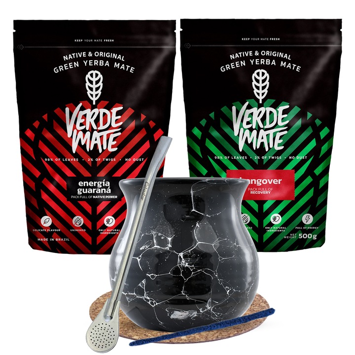 Ceai Yerba Mate Set, Cana, Si Bombilla, 2 x Verde Mate, Fructe, Mango, Guarana, 1 kg
