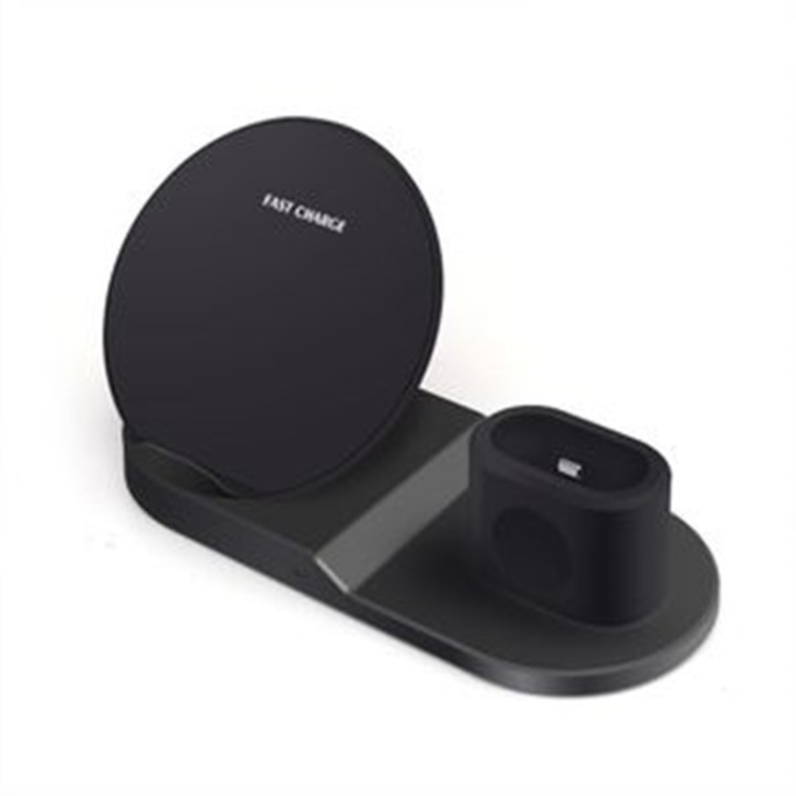 Incarcator wireless rapid 3 in 1 pentru telefon, ceas si casti, statie de incarcare compatibila cu Android si IOS si orice dispozitiv activat, negru