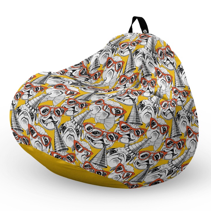Пуф Updeco Bean Bag, Тип круша L, Водоустойчив калъф, За закрито и открито, с вътрешна предпазна чанта, С дръжка, 80 x 80 x 55 см, Party Pugs