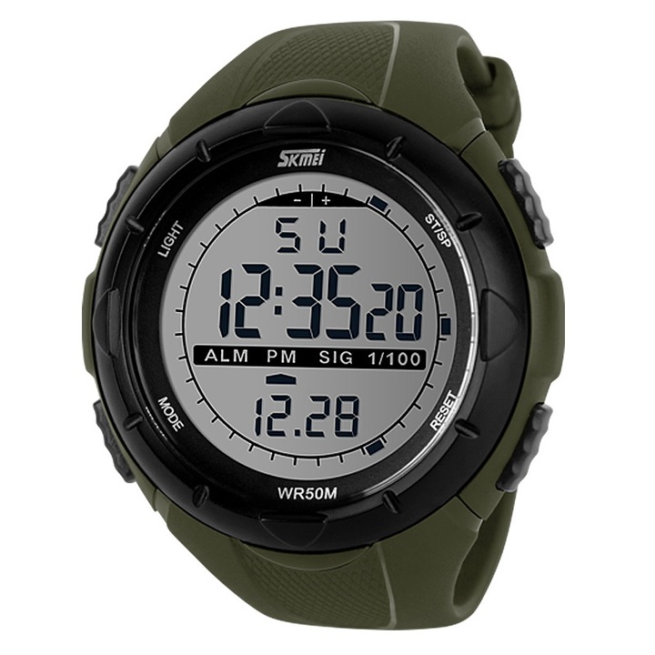 Мъжки часовник Skmei, удароустойчив, спортен, водоустойчив, 5 ATM, цифров, хронометър, устойчив на плуване, черен хронограф, аларма, календар, армейски зелен