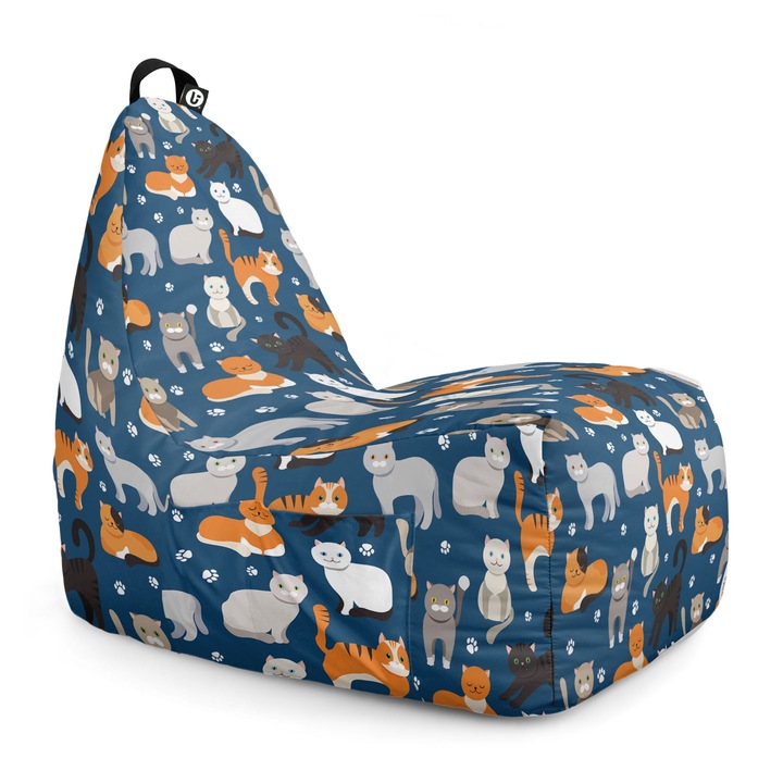 Fotoliu Updeco Puf Bean Bag tip Chill, sac interior, impermeabil, indoor/outdoor, cu maner, 62 x 95 x 75 cm, Pisici Fundal Albastru