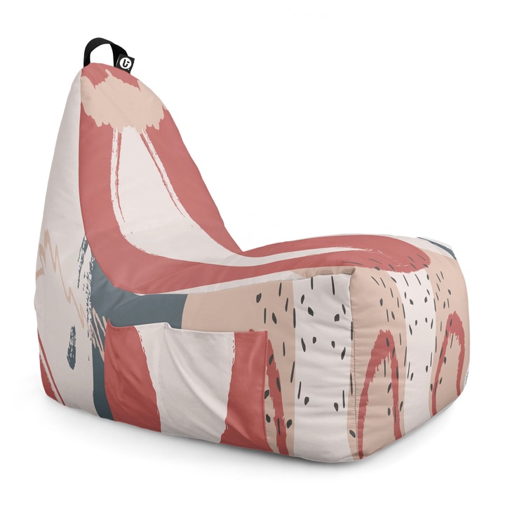 Fotoliu Updeco Puf Bean Bag tip Chill, sac interior, impermeabil, indoor/outdoor, cu maner, 62 x 95 x 75 cm, Bej Cu Model Rosu Si Gri