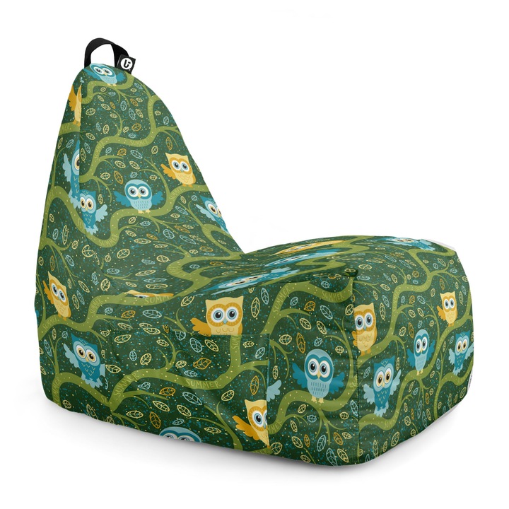 Fotoliu Updeco Puf Bean Bag tip Chill, sac interior, impermeabil, indoor/outdoor, cu maner, 62 x 95 x 75 cm, Bufnite Verde