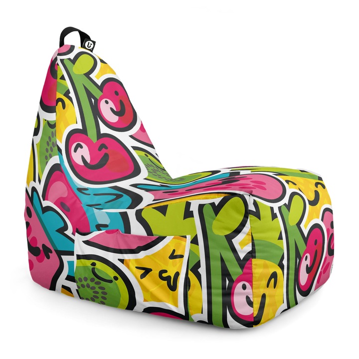 Fotoliu Updeco Puf Bean Bag tip Chill, sac interior, impermeabil, indoor/outdoor, cu maner, 62 x 95 x 75 cm, Kawaii Fruits