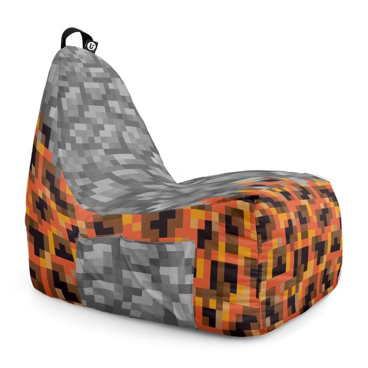 Fotoliu Updeco Puf Bean Bag tip Chill, sac interior, impermeabil, indoor/outdoor, cu maner, 62 x 95 x 75 cm, Minecraft Piatra Magma