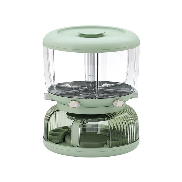 Dozator etajat de cereale Flippy, rotativ 360, 6 compartimente, capacitate 10L, cofrag special pentru oua, vas pentru scurgerea cerealelor, 35x27.5 cm, verde