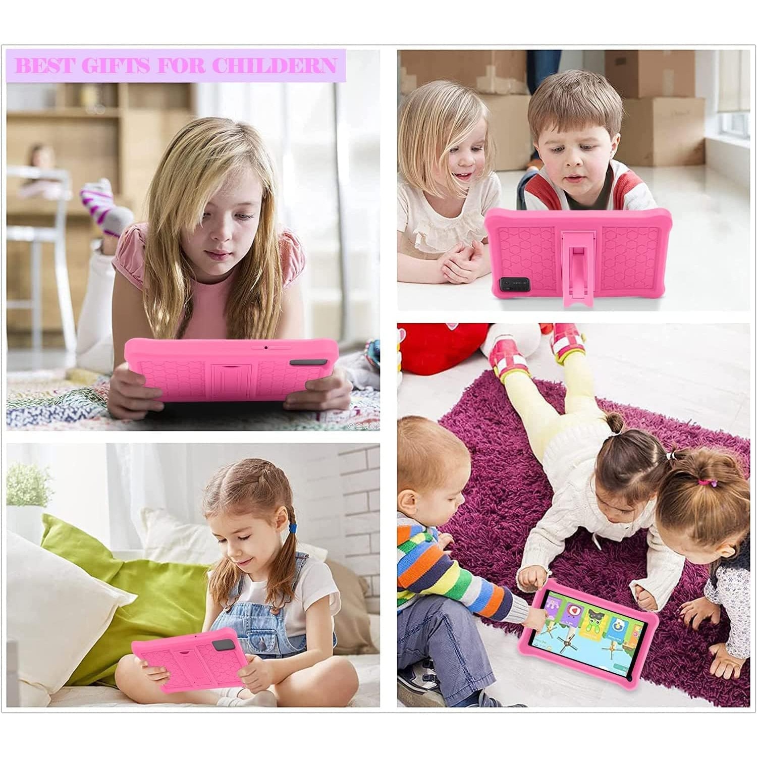 Tableta pentru copii, de 7 inch, Android 11, 3-12 ani, 4GB RAM, 64GB ROM, camera dubla, Bluetooth, WiFi, Software pentru copii preinstalat, Roz, include husa de protectie