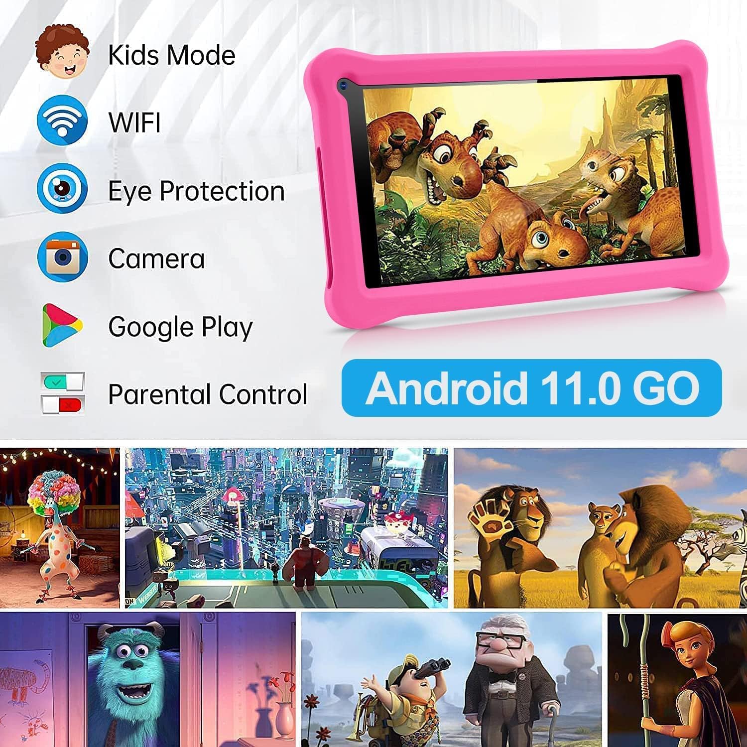 Tableta pentru copii, de 7 inch, Android 11, 3-12 ani, 4GB RAM, 64GB ROM, camera dubla, Bluetooth, WiFi, Software pentru copii preinstalat, Roz, include husa de protectie