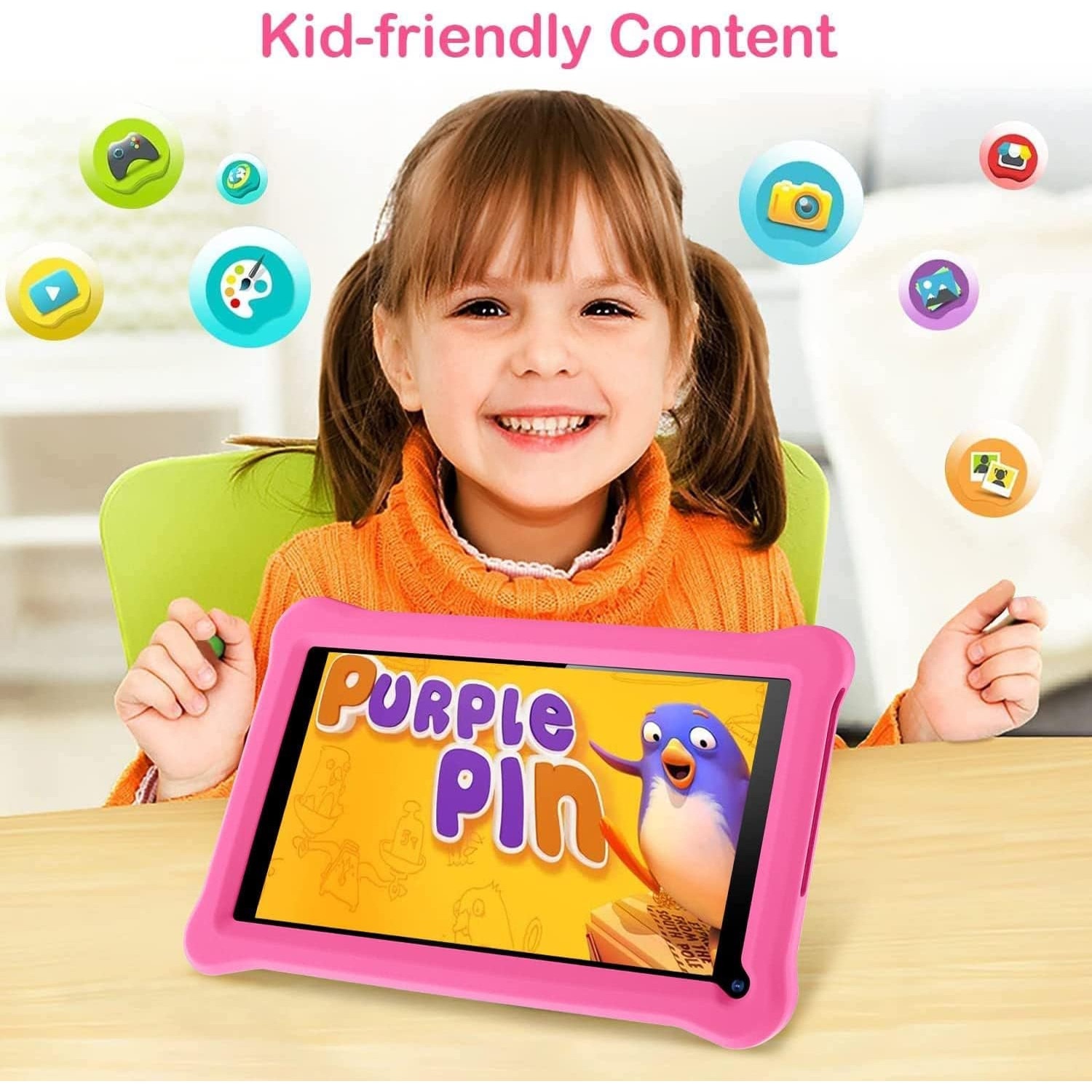 Tableta pentru copii, de 7 inch, Android 11, 3-12 ani, 4GB RAM, 64GB ROM, camera dubla, Bluetooth, WiFi, Software pentru copii preinstalat, Roz, include husa de protectie