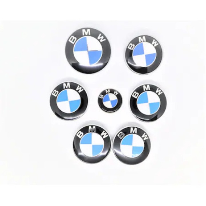 Пълен комплект от 7 емблеми с лого BMW Капак Задна врата Джанти на волана 82/74/68/44 мм, бяло синьо