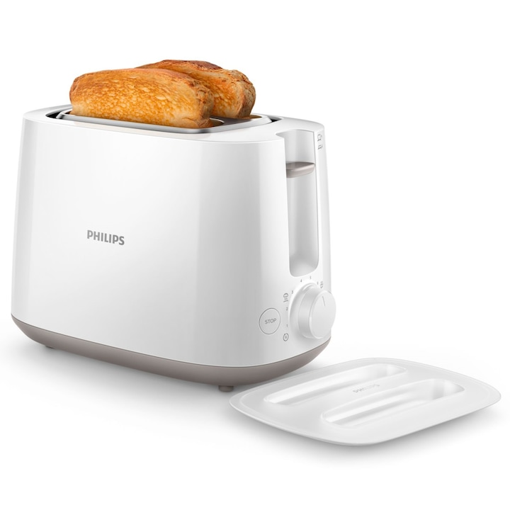 Тостер Philips Daily Collection HD2582/00, 8 настройки, вградена решетка за затопляне на хлебчета, компактен дизайн, капак, бял