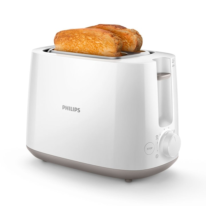 Prajitor de paine Philips HD2581/00, 750 W, 2 felii, 8 setari rumenire, grilaj de incalzire integrat, functie reincalzire si dezghetare, alb