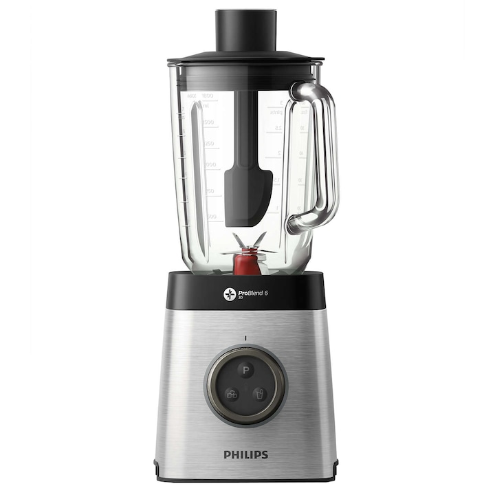 Blender Philips Avance HR3652/00, 1400 W, 35,000 RPM, vas sticla 2 l, 2 Viteze, ProBlend 3D 6, afisaj LED, functie impuls, Metalic