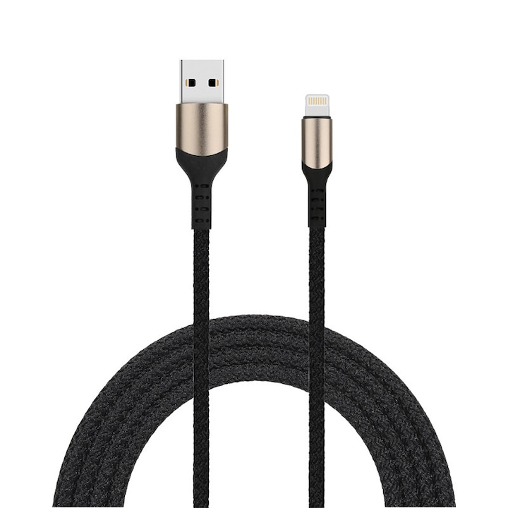 Cablu date si incarcare rapida FastCharge, AHA PRINT, pentru Apple Iphone si Ipad, 2.4 A, TEXTIL PREMIUM, USB la Lightning, 2 m, negru