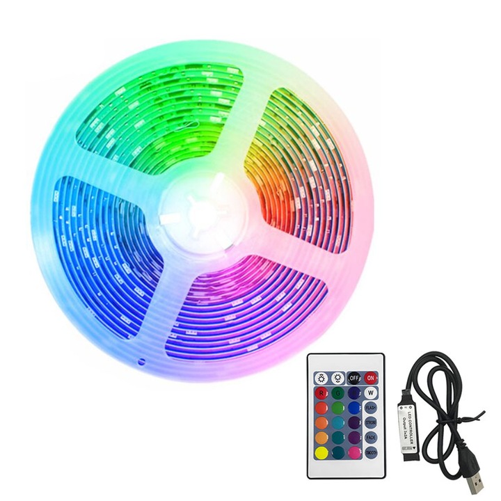 Kit banda LED RGB, 3m, Control din Telecomanda cu 24 de Butoane, Intensitate Lumina Reglabila, VIELLAN, Multicolor