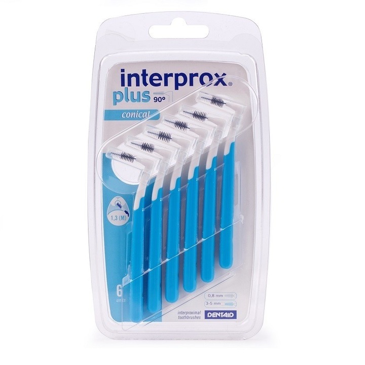Set 6x Periute Interdentare, Dentaid, Interprox Plus, Unghi L 90°, Forma Conica, Culoare Albastra, ISO 1.3-1.5mm