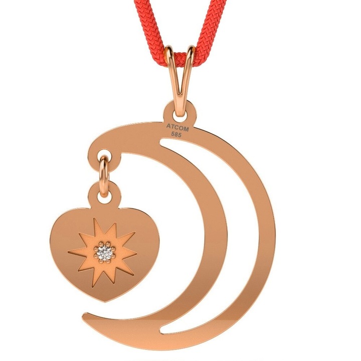 Висулка от розово злато с червена връв модел Moon and heart
