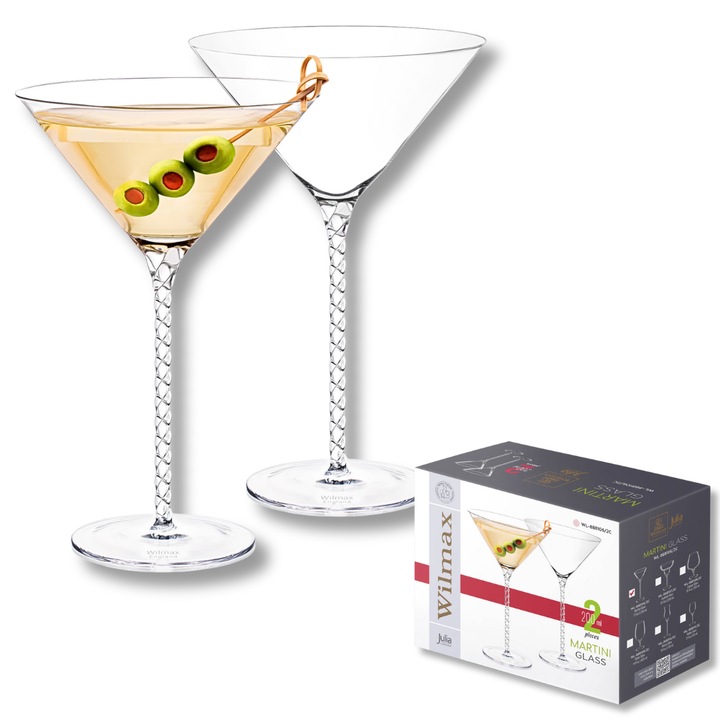 Set Pahare Martini/Cocktail Cristal, 2 piese, Julia, Sticla Transparenta, 200 ml, cu picior, pentru cocktail, vin, Wilmax England