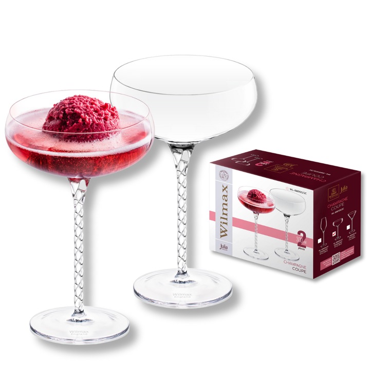 Set Pahare Sampanie cristal, 2 piese, Julia, Sticla Transparenta, 300 ml, cu picior, pentru vin alb, prosecco, Wilmax England